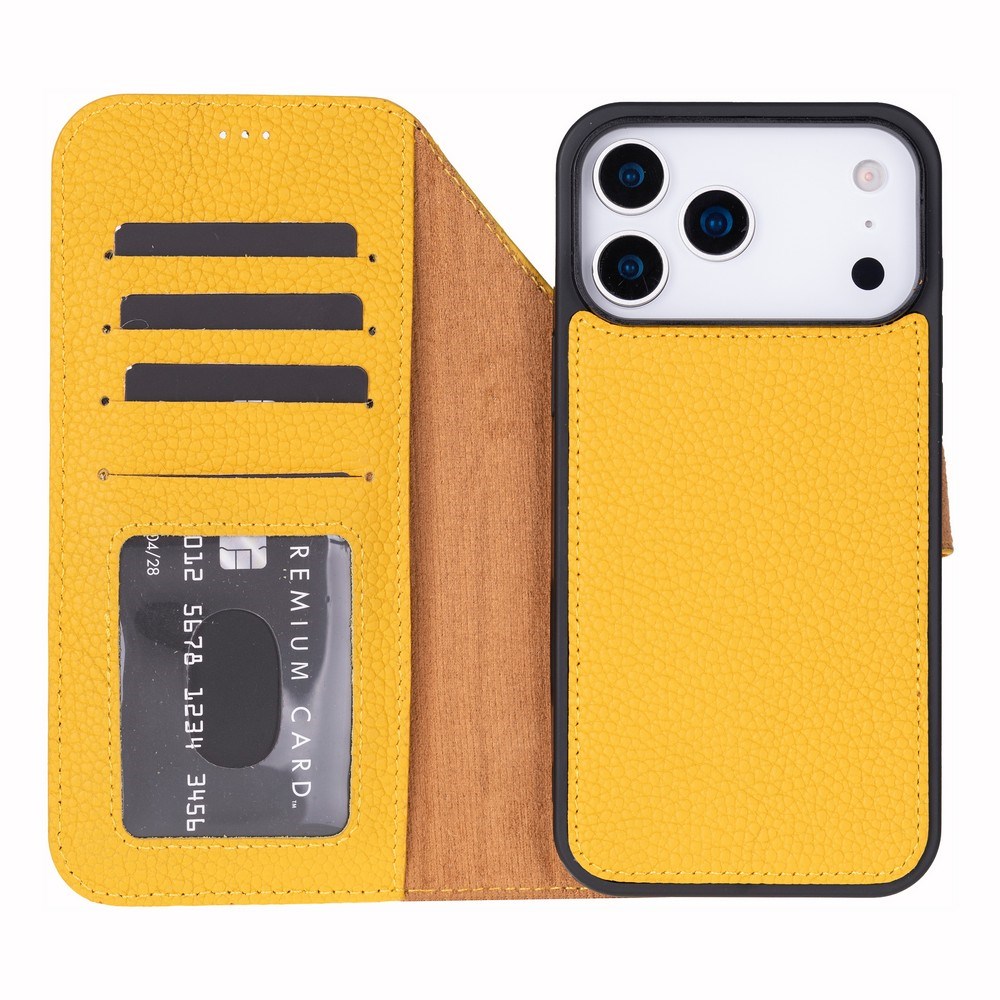 Apple iPhone 17 Pro Max için, Hakiki Deri, El Yapımı Cüzdanlı Kılıf, Magsafe ile uyumlu, İç Yüzeyi Kadife, Limon Sarı