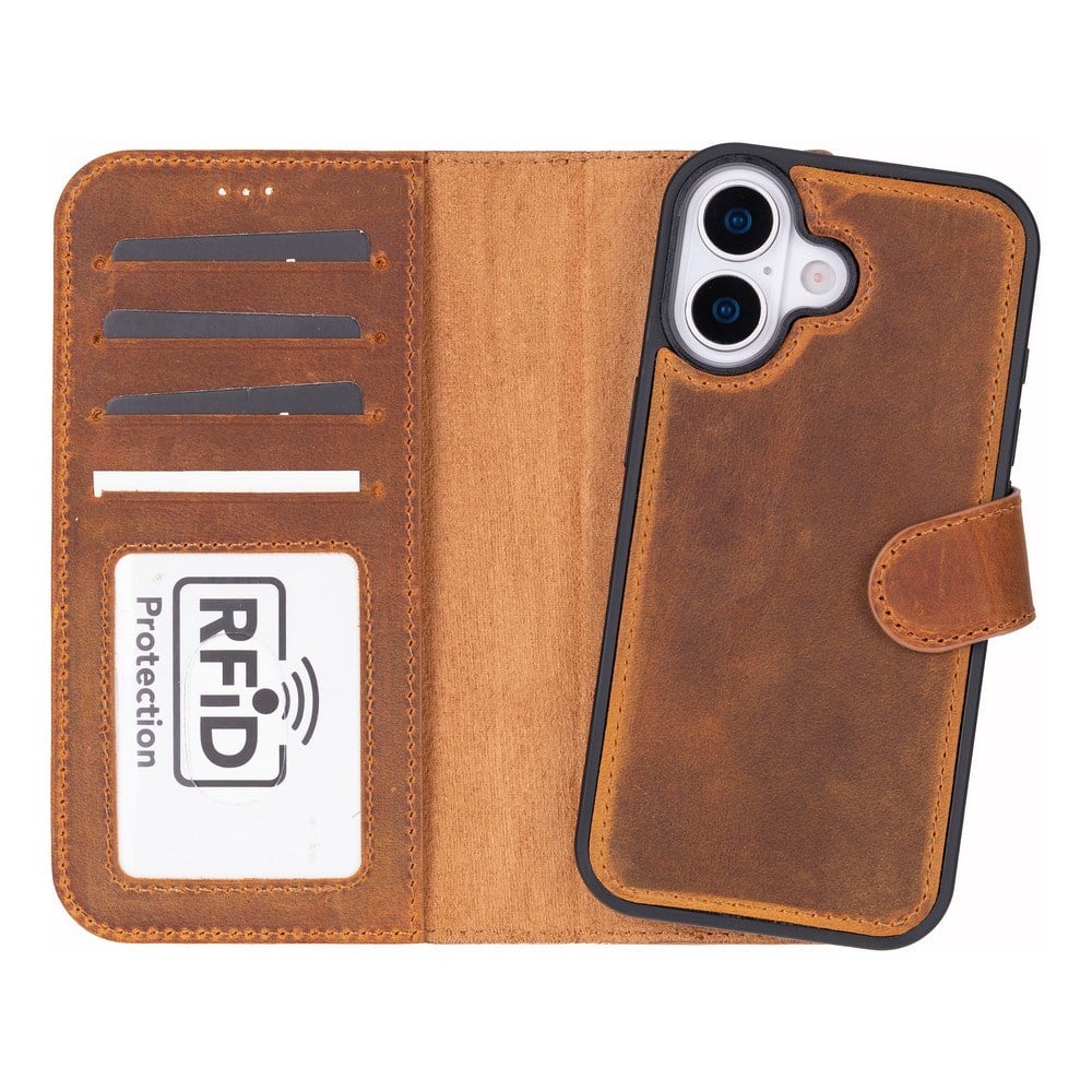 Apple iPhone 17 için, Hakiki Deri, El Yapımı Cüzdanlı Kılıf, Magsafe ile uyumlu, İç Yüzeyi Kadife, Karamel