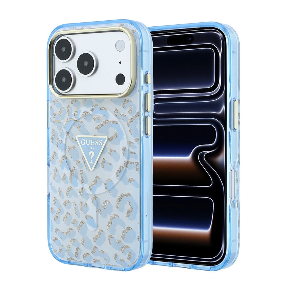 Apple iPhone 18 Pro Max Kılıf Guess Orjinal Lisanslı M-safe Şarj Özellikli Üçgen Logolu Simli Leopar Desenli Kapak