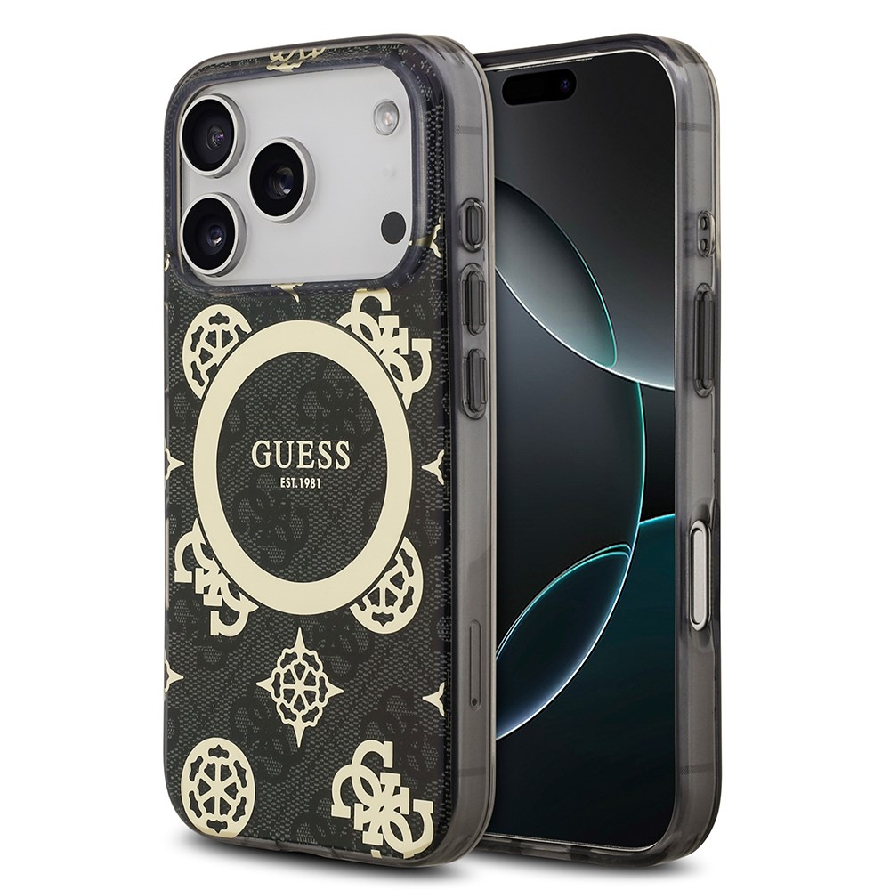 Apple iPhone 18 Pro Max Kılıf Guess Orjinal Lisanslı M-safe Şarj Özellikli IML Peony ve 4G Desenli Klasik Logolu Kapak