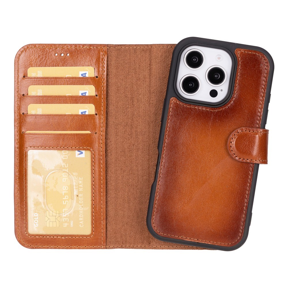 Cüzdan Taşıma Derdi Olmadan – iPhone 16 Pro Uyumlu Hakiki Deri El Yapımı Kart Yuvalı Kılıf (Gölgeli Taba)