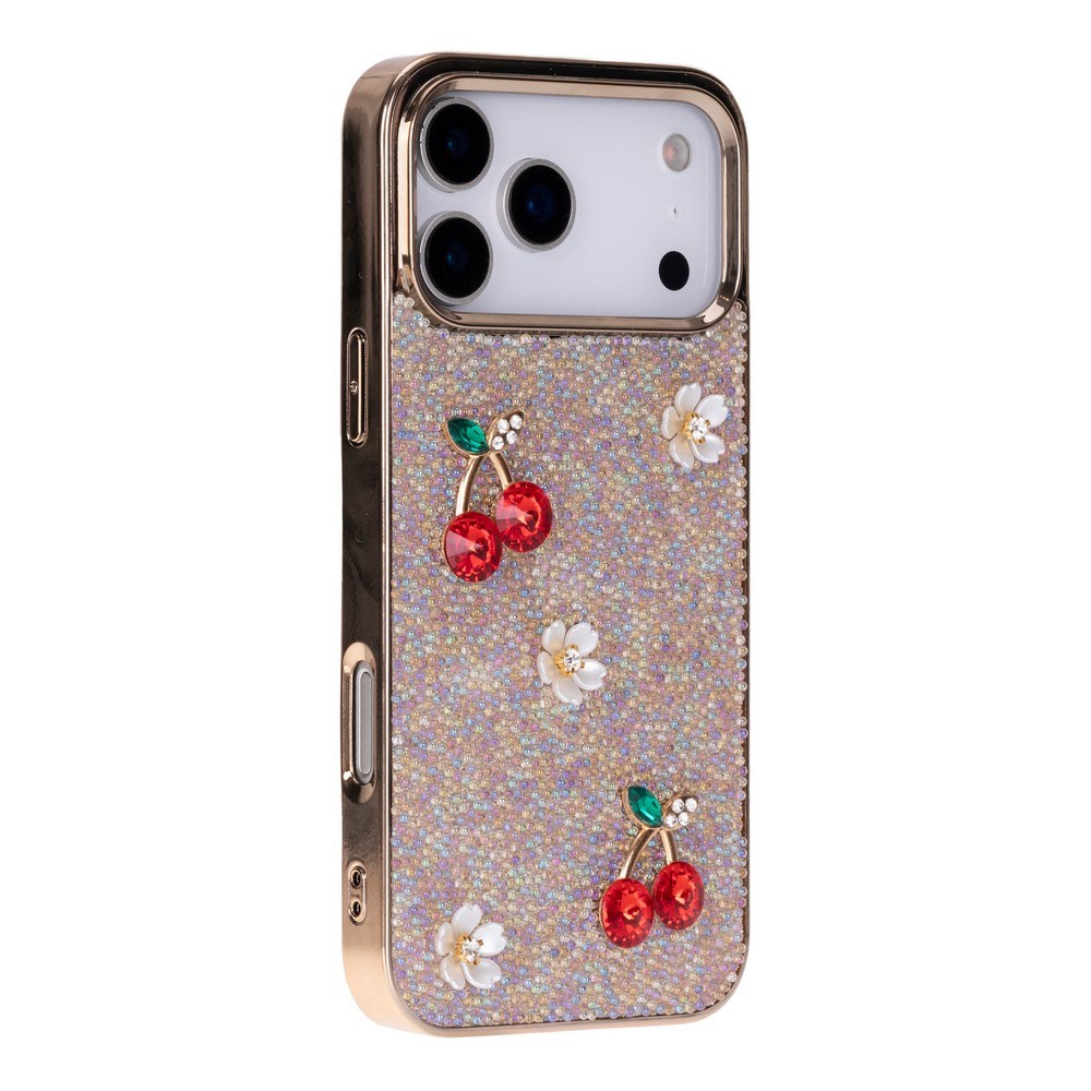 Freya iPhone 17 Pro Uyumlu Taşlı Kılıf – Gold Çerçeveli, Kiraz Detaylı, Darbe Korumalı Şeffaf Lüks Telefon Kılıfı