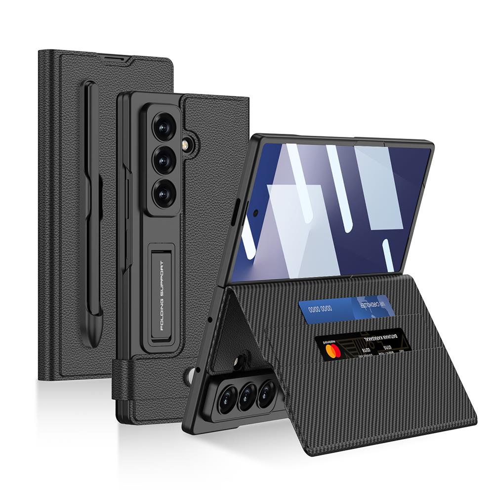 Galaxy Z Fold 7 Suni Deri Tasarımlı Kalem Bölmeli Zore Kıpta Kartlıklı Standlı Kapak