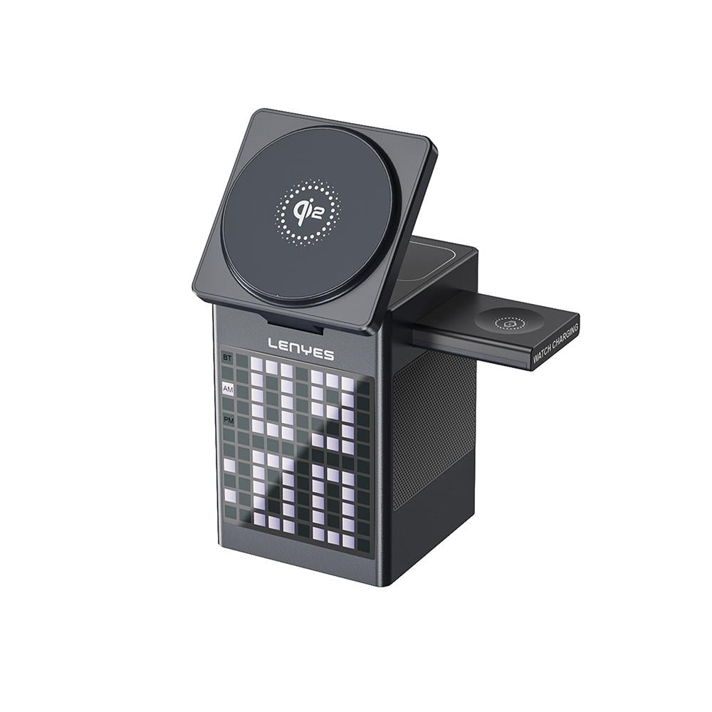 Lenyes PW320 Qi2 Şarj Teknolojili Alarmlı Bluuetooth Speaker Özellikli Telefon&Akıllı Saat&Kulaklık 15W 6in1 Kablosuz Şarj Standı
