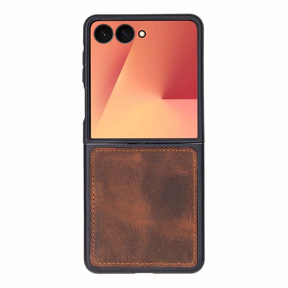 Samsung Galaxy Z Flip7 Uyumlu, Hakiki Deri, El Yapımı Arka Kapak Antik Kahve