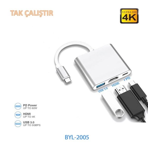 Dönüştürücü/Bağlantı Aparatları Concord BYL-2005 HDMI+USB 3.0+Type-C PD 3in1 Adapter