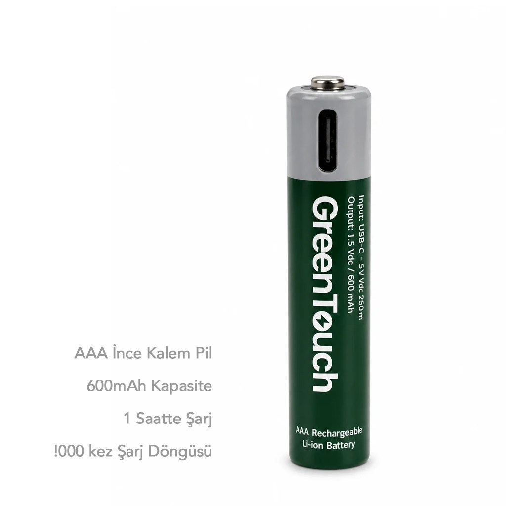 Greentouch Type-C Şarj Girişli 600mAh AAA Kalem Pil (4'lü Paket)