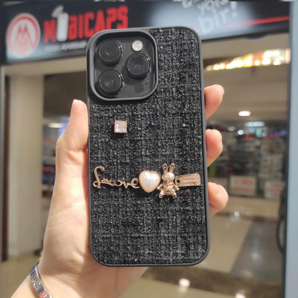 Apple iPhone 14 Pro Gold Figürlü Kumaş Kaplamalı Telefon Kılıfı