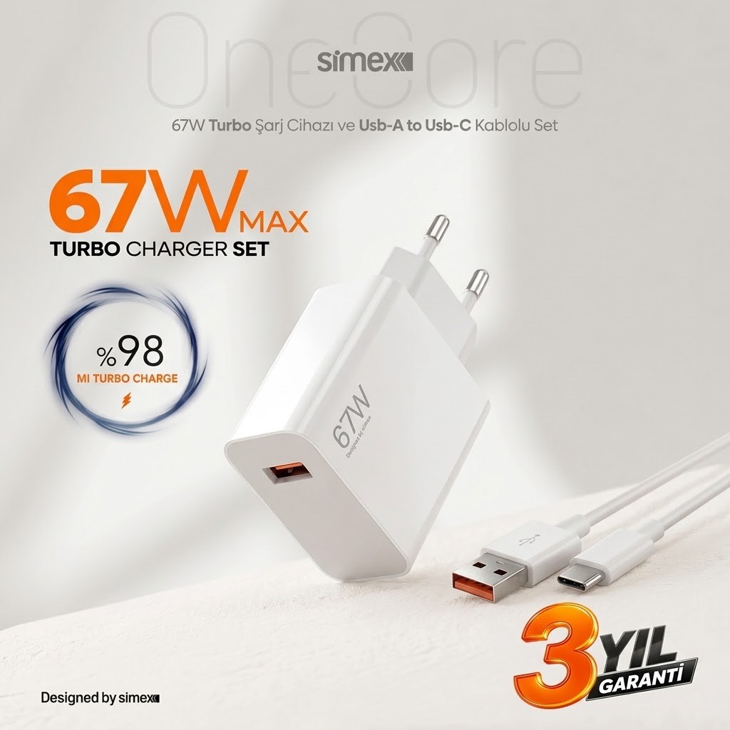 Simex OneCore SPS-20 67Watt USB-A Çıkışlı Süper Hızlı (saliseli) Şarj Cihazı + Şarj Kablosu Set