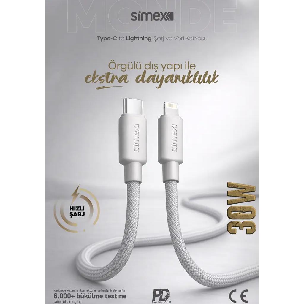 Simex SPK-10 Monde Type-C - Lightning 30 Watt Örgü Sarj Ve Data Kablosu