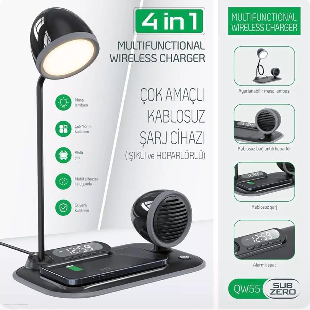 Subzero QW-55 4in1 Multifonksiyonel Işıklı Ve Hoparlörlu Çok Amaçlı Kablosuz Şarj Cihazı