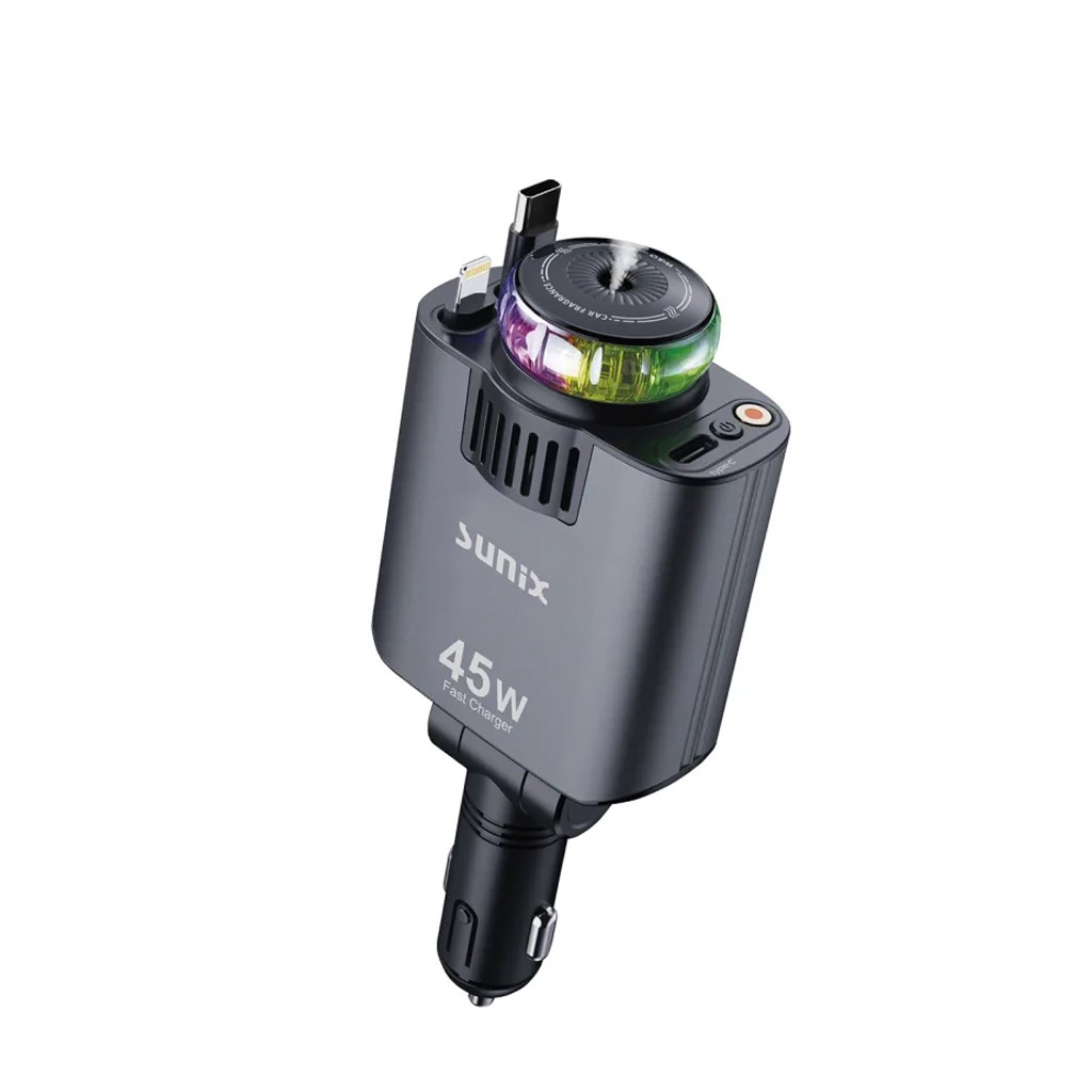 Sunix C-45 Starlight 5in1 45W Araç Şarj Adaptörü - Makaralı Type-C ve Lightning Kablo ve Araç Kokusu Birlikte
