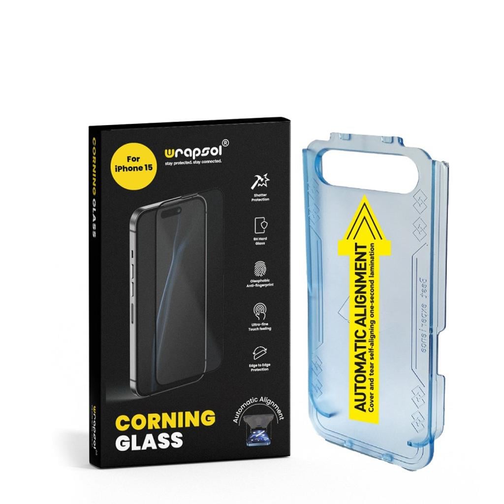 Wrapsol iPhone 15 Corning Glass Hizalama Aparatlı Ekran Koruyucu