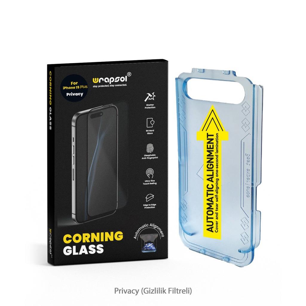 Wrapsol iPhone 15 Plus Privacy Corning Glass Hizalama Aparatlı Ekran Koruyucu
