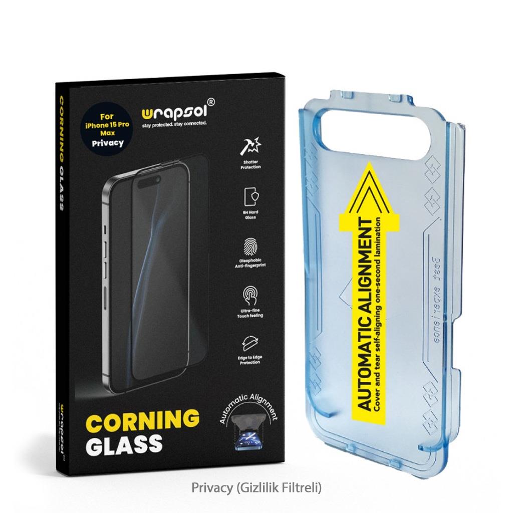 Wrapsol iPhone 15 Pro Max Privacy Corning Glass Hizalama Aparatlı Ekran Koruyucu