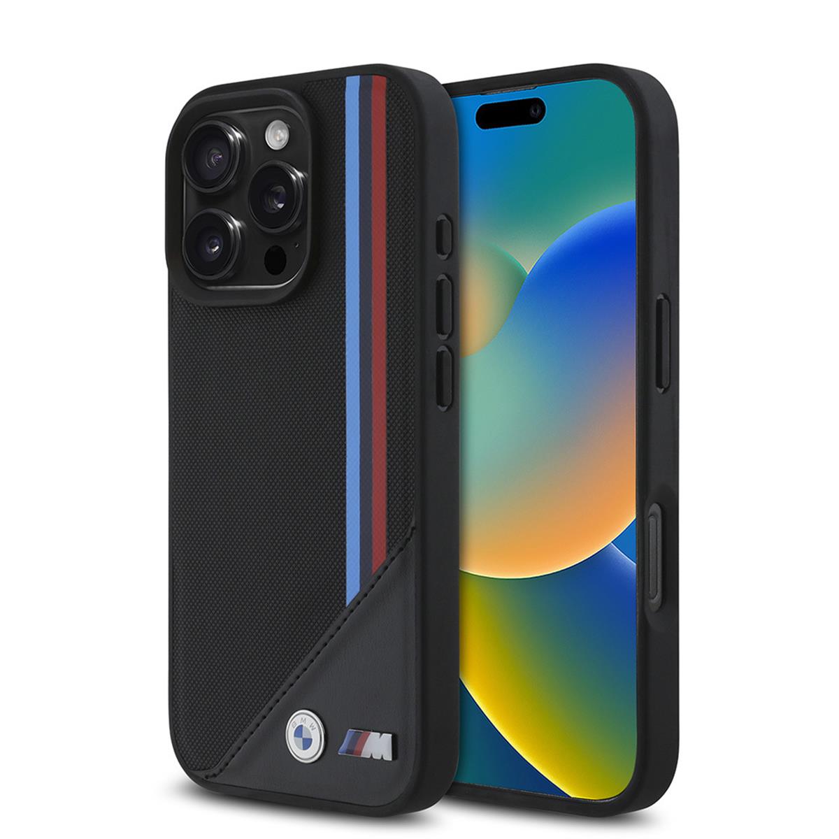 Apple iPhone 16 Pro Max Kılıf BMW Orjinal Lisanslı M-safe Şarj Özellikli M Logolu Üç Çizgili Dikiş Detaylı Meshed Tricolor Stripes Kapak