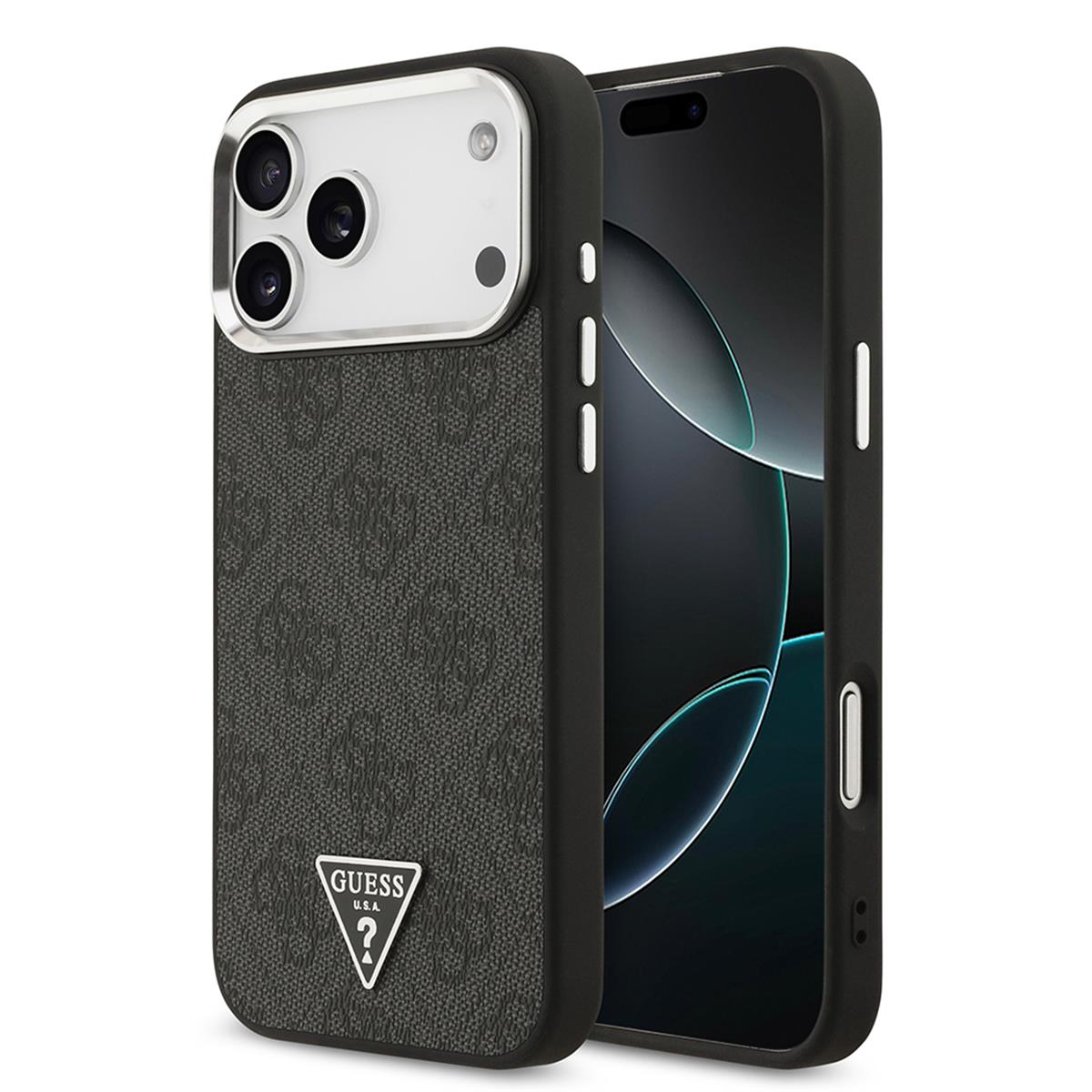 Apple iPhone 17 Pro Max Kılıf Guess Orjinal Lisanslı Gümüş Metal Kamera Çerçeveli Taşlı Üçgen Logo 4G Desenli Kapak