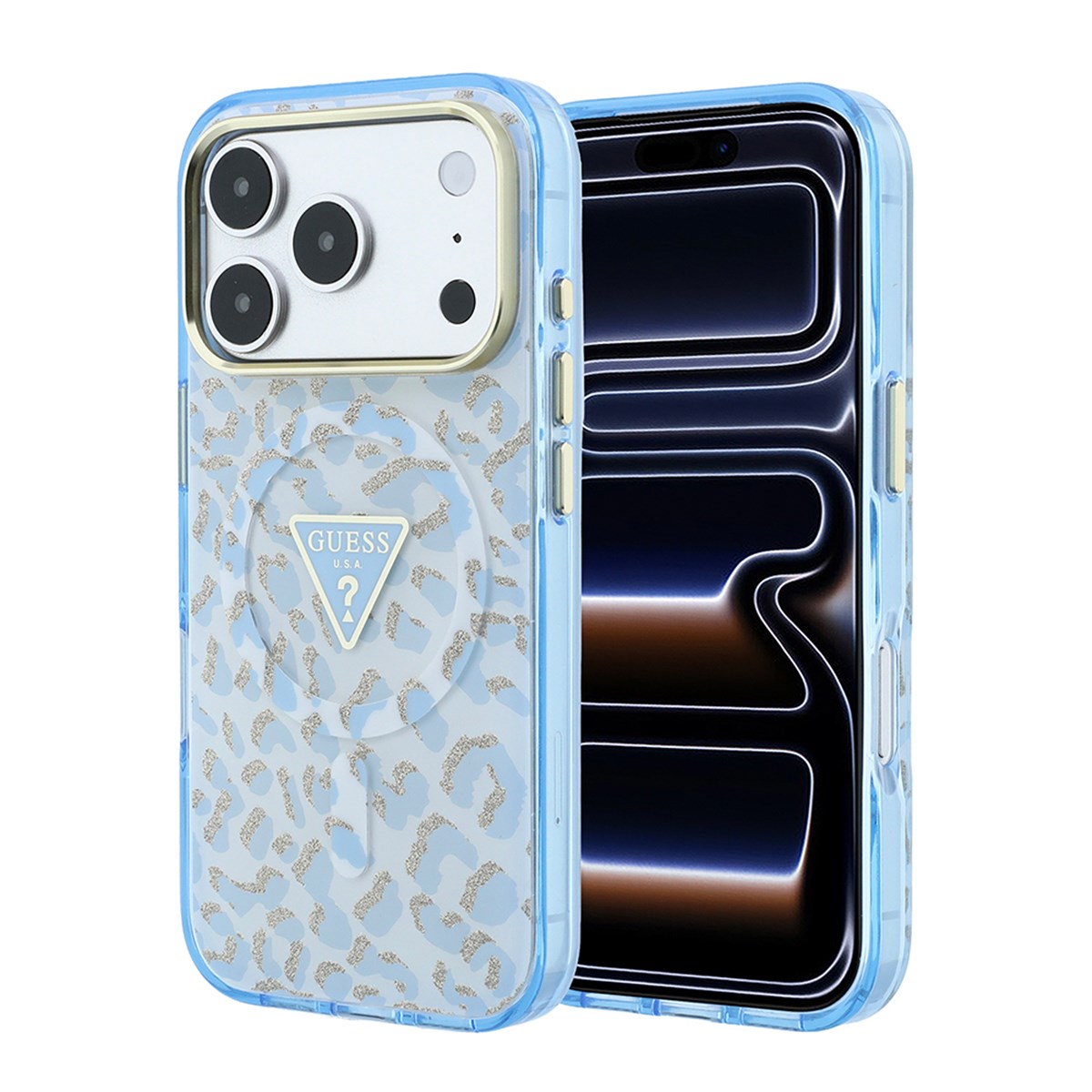 Apple iPhone 18 Pro Kılıf Guess Orjinal Lisanslı M-safe Şarj Özellikli Üçgen Logolu Simli Leopar Desenli Kapak