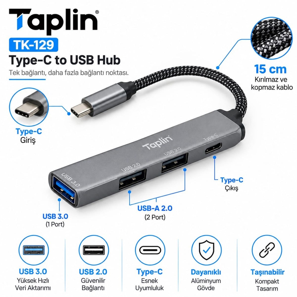 Taplin TK-129 Type-C to Usb 2.0/3.0 4 Port Hub Çoklayıcı