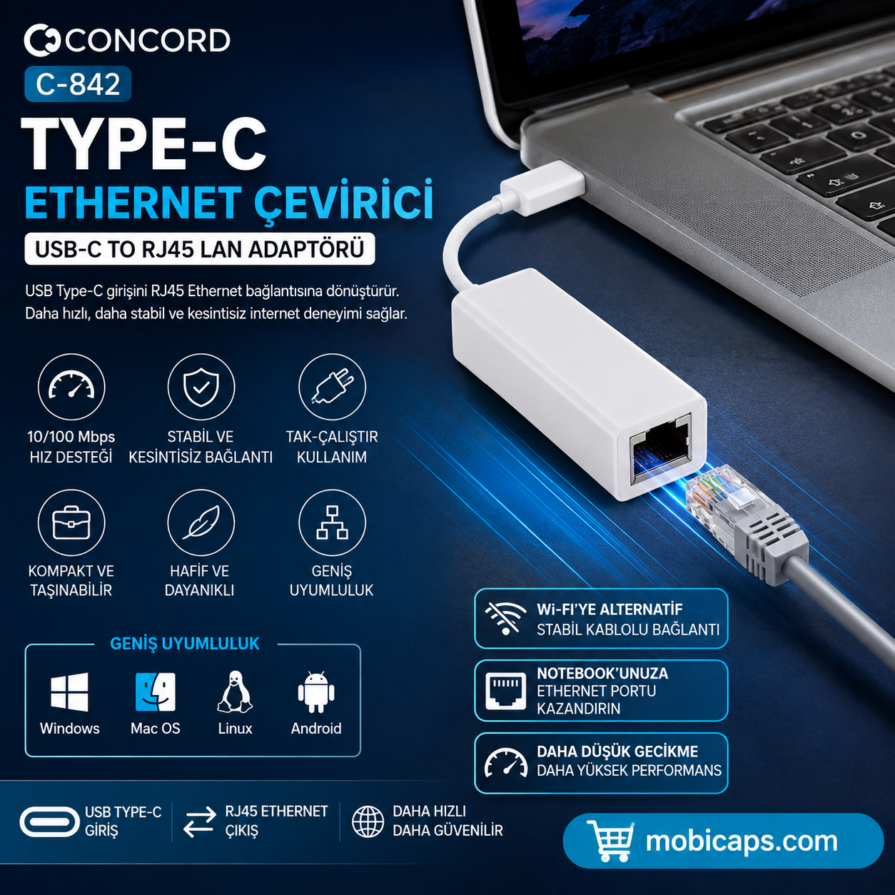 Concord C-842 LAN-Type-C Ethernet Çevirici