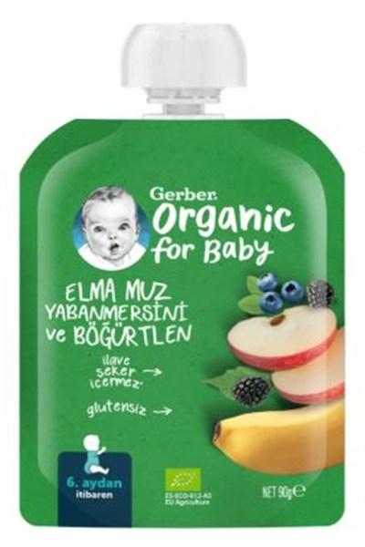 Gerber Organik For Baby Muzlu,Yaban Mersinli,Böğürtlenli,Elma Püre 90 gr