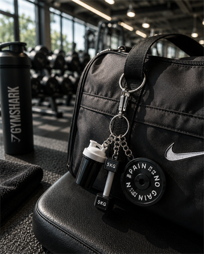 Fitness Spor Çantası Charm Anahtarlık – Plastik Shaker, Dumbbell ve Plaka Figürlü Bag Charm 