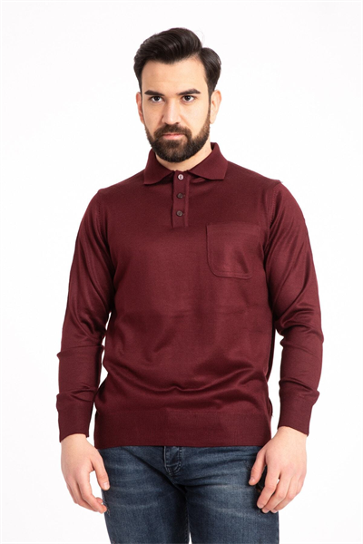 Erkek Bordo Ince Yün Triko Örgü Polo Yaka Baba Kazak