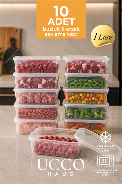 10 Adet 1000 ml Ekonomik Buzdolabı & Mikrodalga Sızdırmaz Kapaklı Saklama Kabı Seti Buzluk Organizer