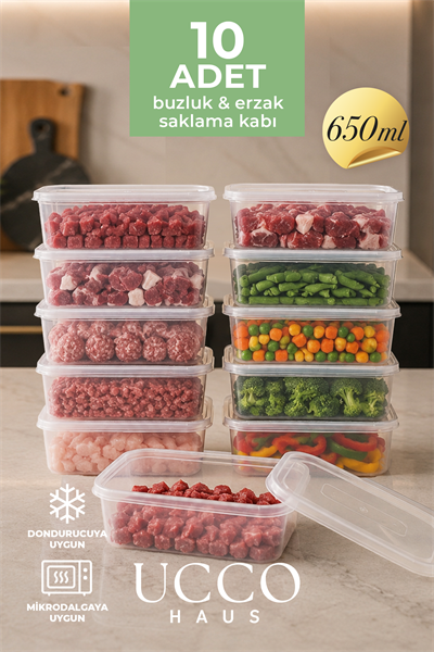 10 Adet 650ml Ekonomik Buzluk & Mikrodalga Sızdırmaz Saklama Kabı Seti Buzluk Organizer