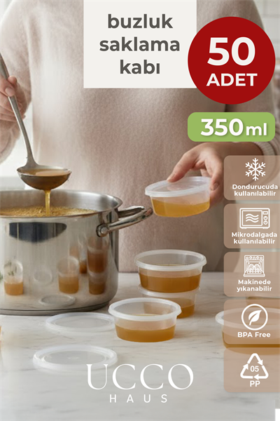 50 Adet 350 ml Sızdırmaz Kapaklı Sosluk Buzluk Saklama Kabı, Et Suyu, Kemik Suyu Mutfak Organizeri
