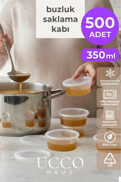 500 Adet 350 ml Sızdırmaz Kapaklı Sosluk Buzluk Saklama Kabı, Et Suyu, Kemik Suyu Mutfak Organizeri