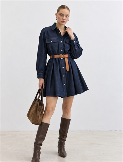 Uzun Kollu Pileli Denim Elbise