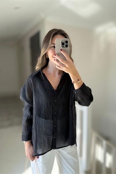 ARKA KURDELE DETAYLI GÖMLEK - SİYAH