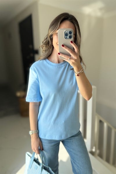 BİSİKLET YAKA BASİC MARKA TİŞÖRT - MAVİ