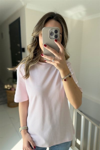 BİSİKLET YAKA BASİC MARKA TİŞÖRT - PEMBE