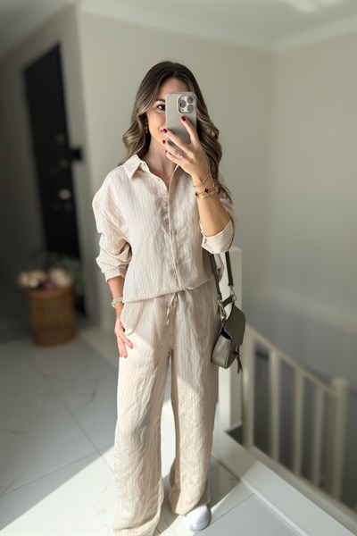 ÇİZGİLİ TENSEL TAKIM - BEJ