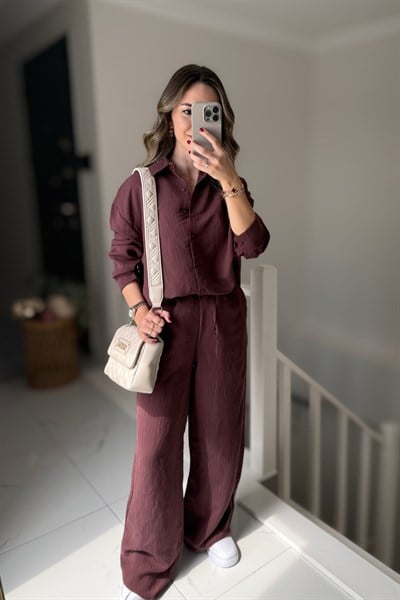 ÇİZGİLİ TENSEL TAKIM - BORDO