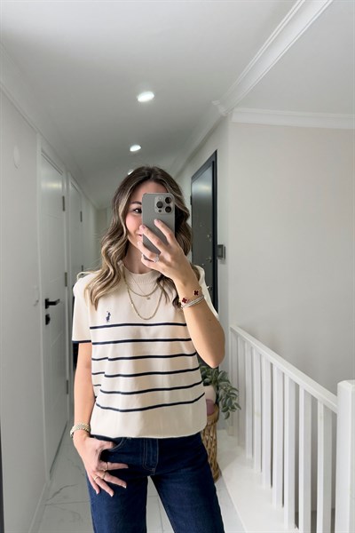 ÇİZGİLİ TRİKO T-SHİRT - BEJ