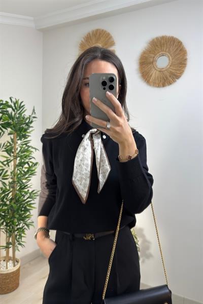 FULARLI POLO YAKA TRİKO - SİYAH