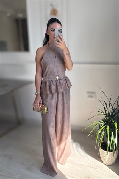 GOLD AKSESUARLI BLUZ PANTOLON TAKIM - KAHVE