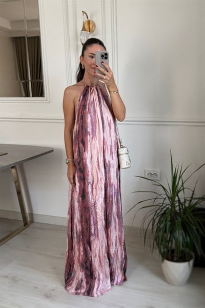 HALTER YAKA DESENLİ ELBİSE - PEMBE