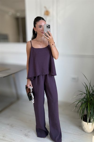İP ASKILI BLUZ PANTOLON TAKIM - MOR