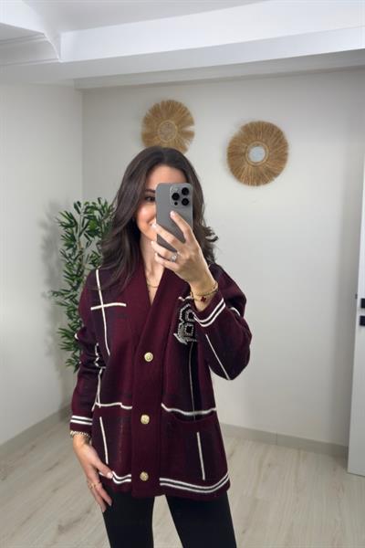 ORİJİNAL MARKA TAŞ İŞLEMELİ TRİKO HIRKA - BORDO