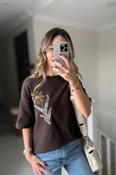 PUL NAKIŞLI TSHİRT - KAHVE