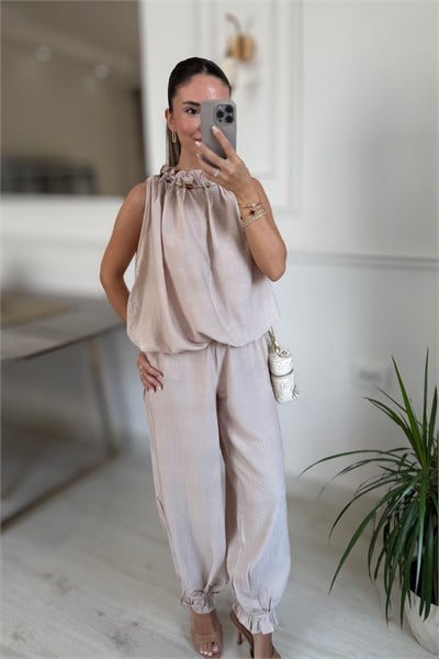 YAKA BONCUKLU BLUZ PANTOLON TAKIM - BEJ