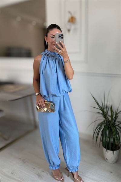 YAKA BONCUKLU BLUZ PANTOLON TAKIM - MAVİ