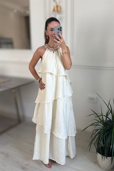 YAKA İŞLEME DETAYLI ELBİSE - BEJ