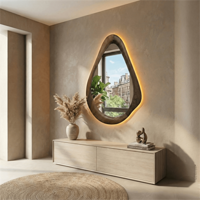 Ceviz Çerçeveli Amber LED'li Yuvarlak Damla Modeli Ayna