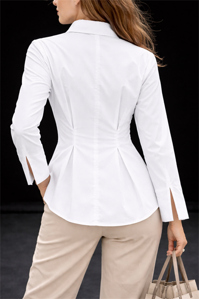 Beyaz Poplin %100 Pamuk Pilili Belden Oturtmalı Gömlek