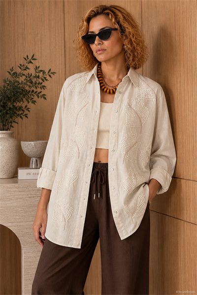 Naturel Nakış Detaylı Oversize Pamuk Keten Gömlek